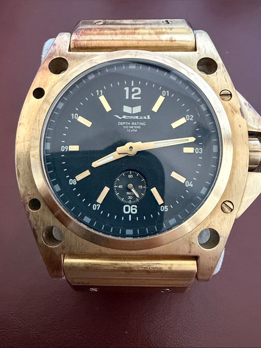 Vestal Bronze-Tone Case Watch with Black Dial and Gold Accents